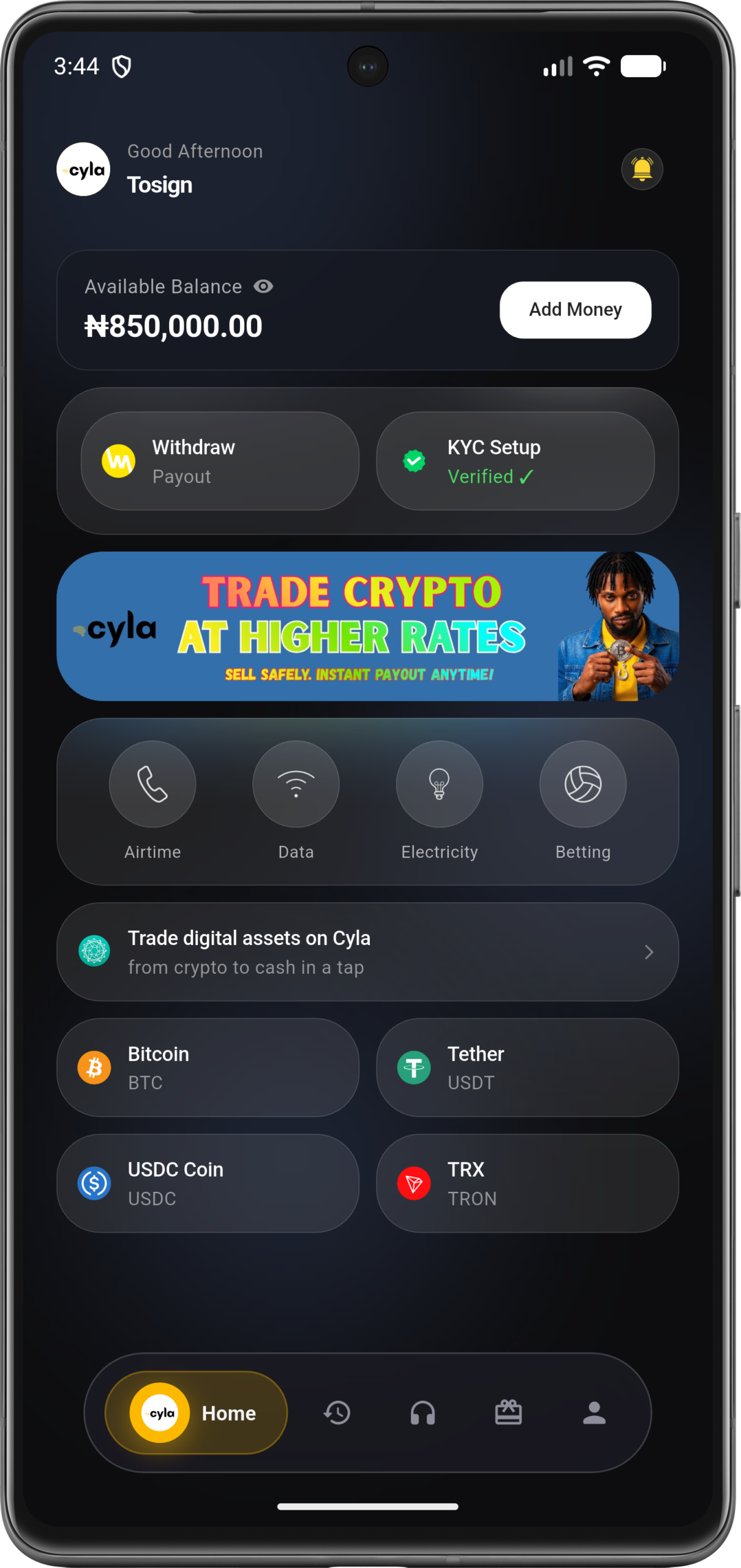 Cyla app cash out screen